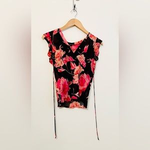 Silk floral red and black sheer blouse